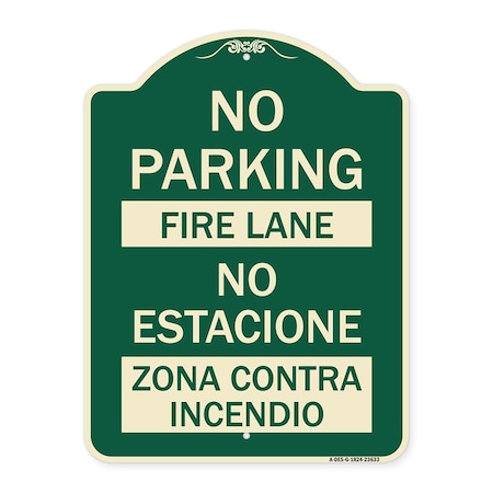 Signmission No Parking Fire Lane No Estacione Zona Contra Incendio Heavy-Gauge Alum, 24" x 18", G-1824-23633 A-DES-G-1824-23633